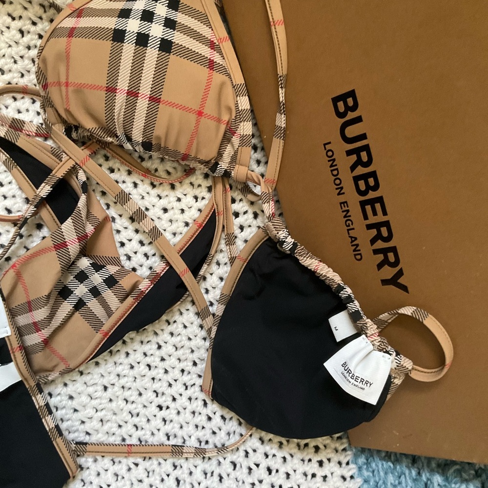 Burberry Tan and Black Checkered Bikini Top